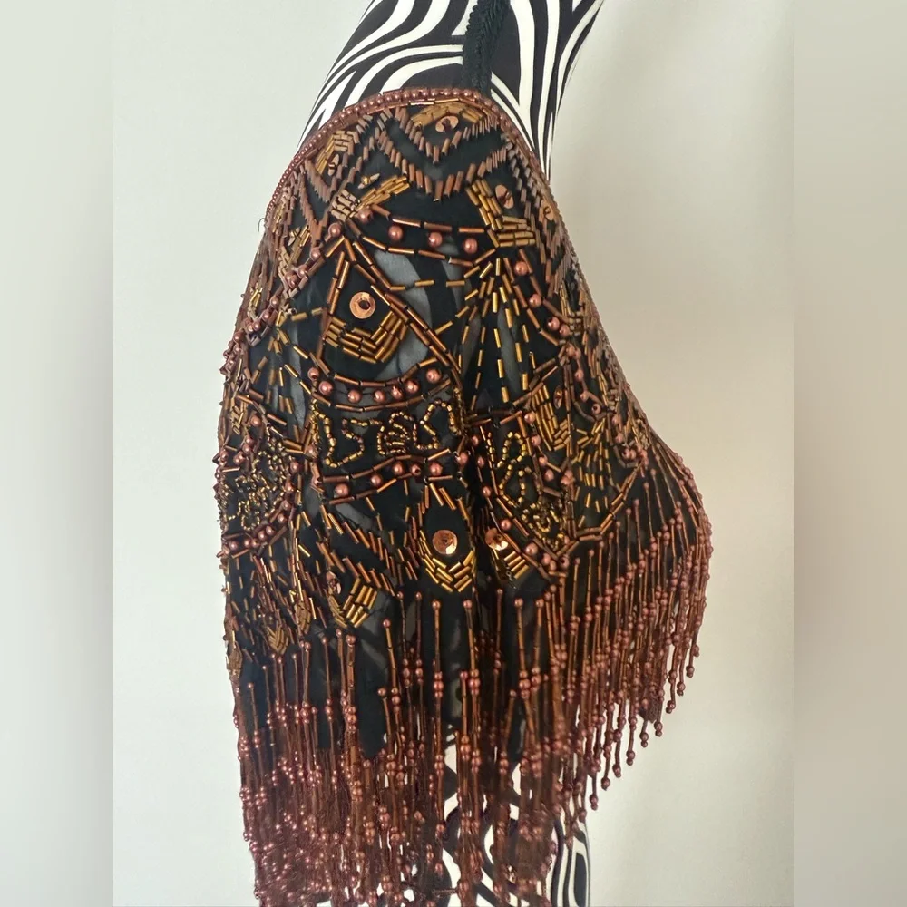 Gorgeous Vintage 70s 80s Sequin & Beaded Art Deco Shawl Capelet Rose Gold Bronze - Picture 15 of 15